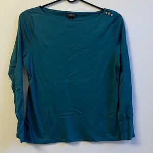 Talbots Teal/Turquoise Long Sleeve Cotton Women's Top faux diamond embellishment